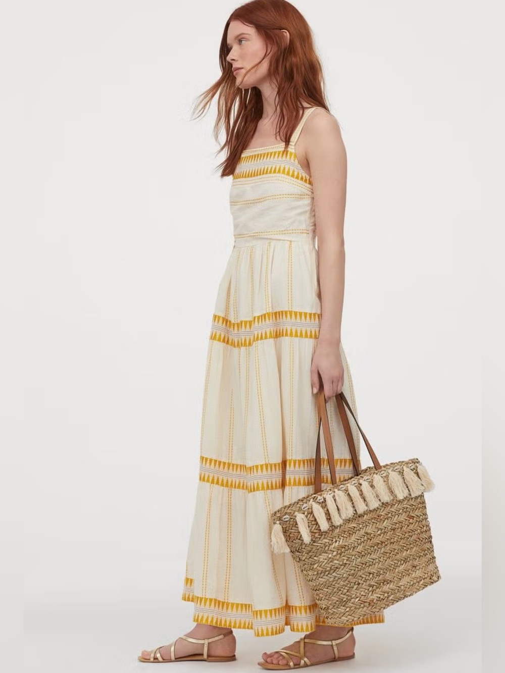 H&M CREAM MAXI SUNDRESS WITH YELLOW EMBROIDERY SZ S